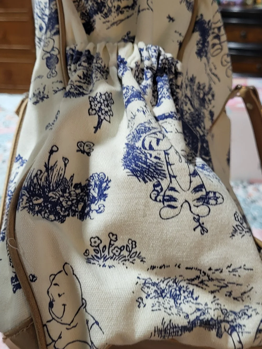 Canvas Tote Bag in Cream with Navy Print and Tan Trim